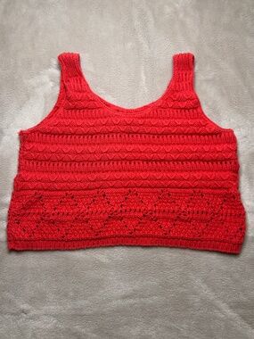 Vintage Cropped Tank Top Womens XS/S Pink Scoop Neck Knit Crochet Boho Hippie